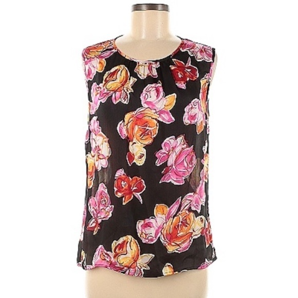 Tahari by ASL Sleeveless floral blouse medium black pink orange - Picture 1 of 6